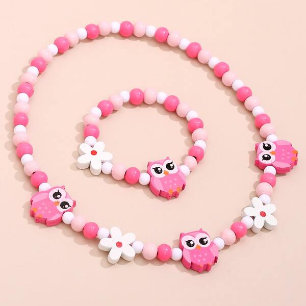 

Girls Owl Decor Beaded Necklace & Bracelet, Multicolor