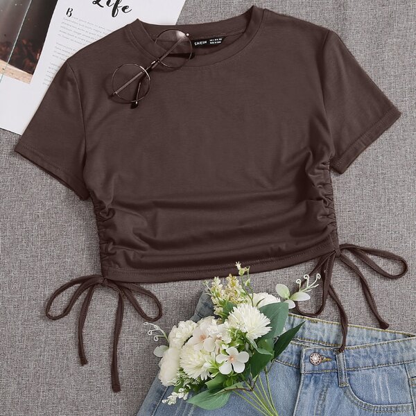 

Drawstring Ruched Solid Crop Tee, Coffee brown