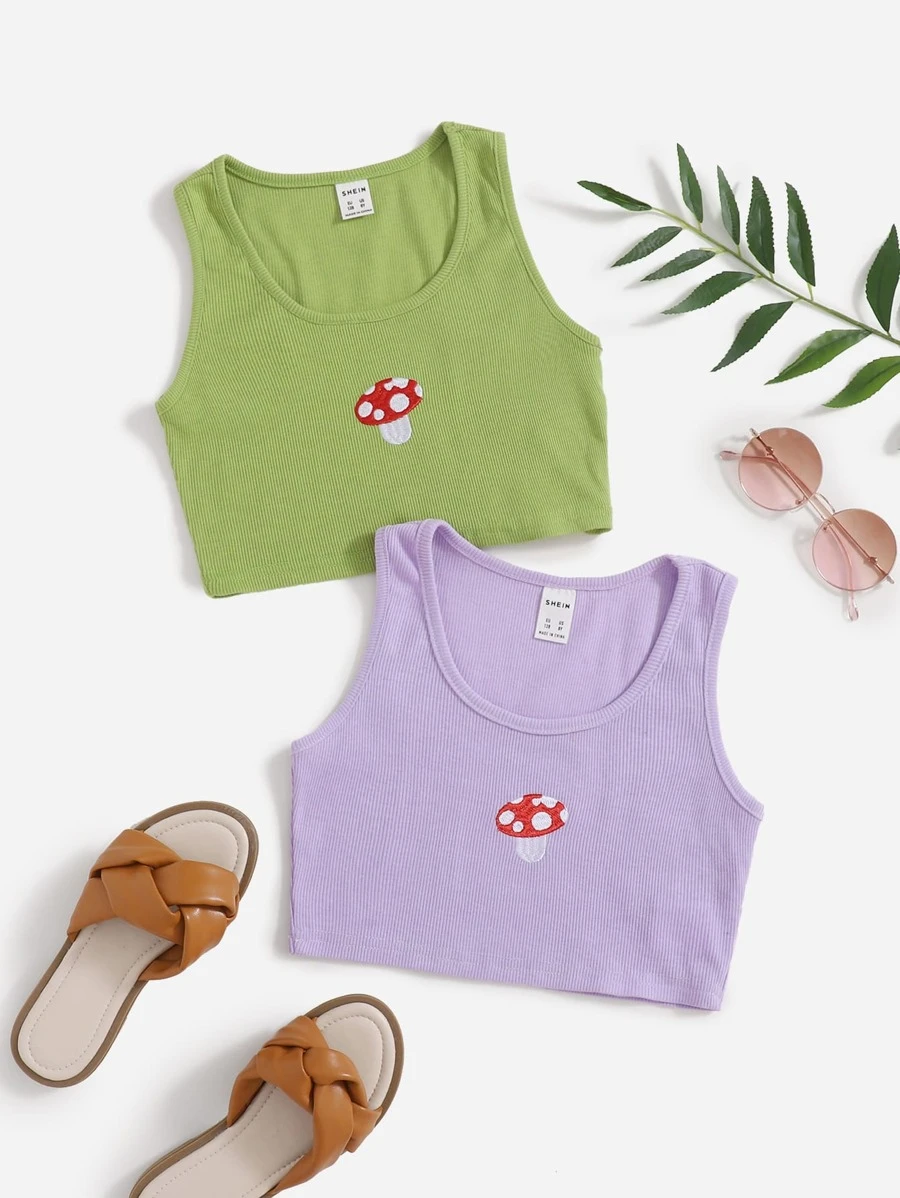 SHEIN Tween Girls 2 Packs Mushroom Embroidery Tank Top - Multicolor - View 1