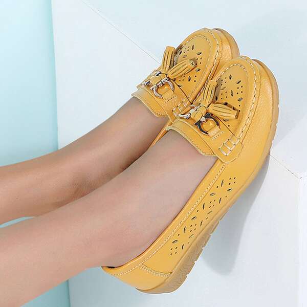 

Leather Hollow Out Loafers, Yellow