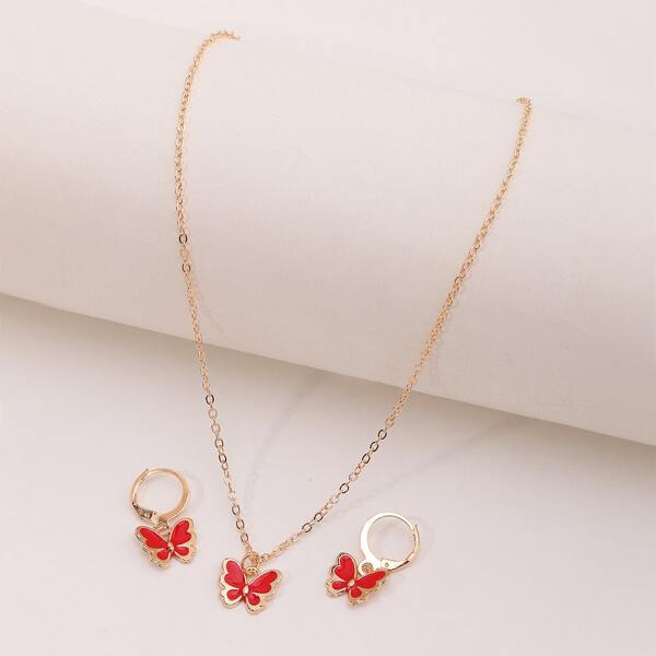 

3pcs Girls Butterfly Pendant Jewelry Set, Red