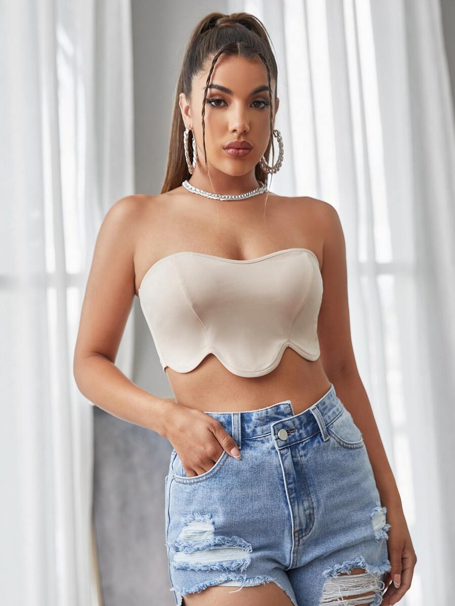 Allurite Áo nữ Sò điệp màu trơn Gợi cảm - Màu be - Xem 1