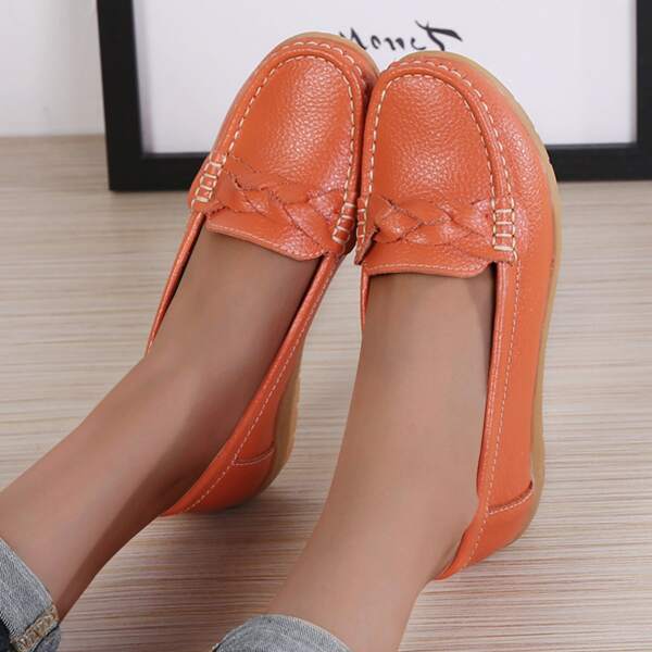 

Leather Slip On Flat Loafers, Coral orange