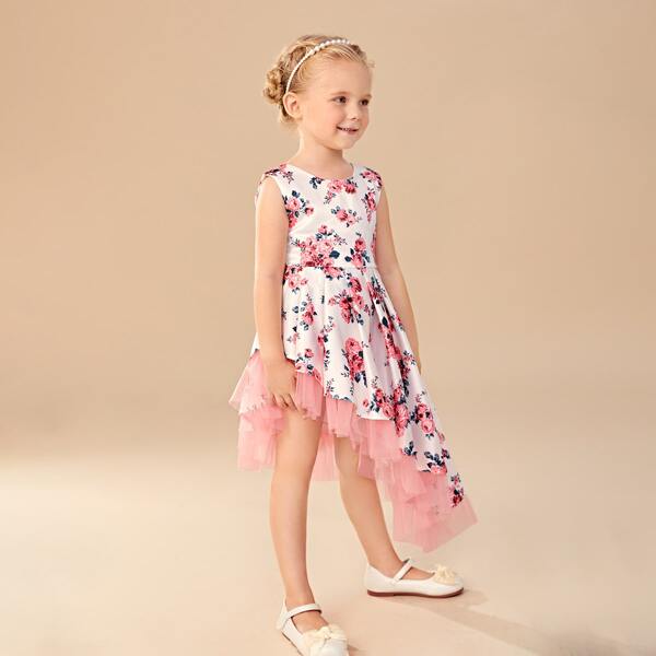 

Toddler Girls Floral Print Fold Pleated Mesh Panel Asymmetrical Hem Party Dress, Multicolor