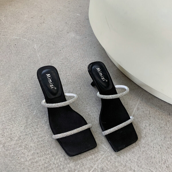 

Square Toe Glitter Slide Sandals, Black