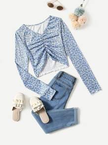 SHEIN Chicas adolescentes Camiseta floral fruncido tejida de canalé - Multicolor - Ver 1