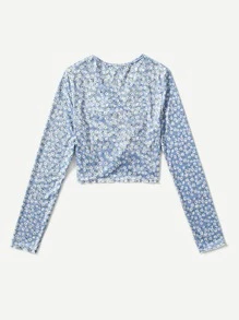 SHEIN Chicas adolescentes Camiseta floral fruncido tejida de canalé - Multicolor - Ver 2