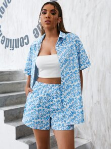 SHEIN 滿版字母圖案襯衫 - 藍白色 - 查看 1