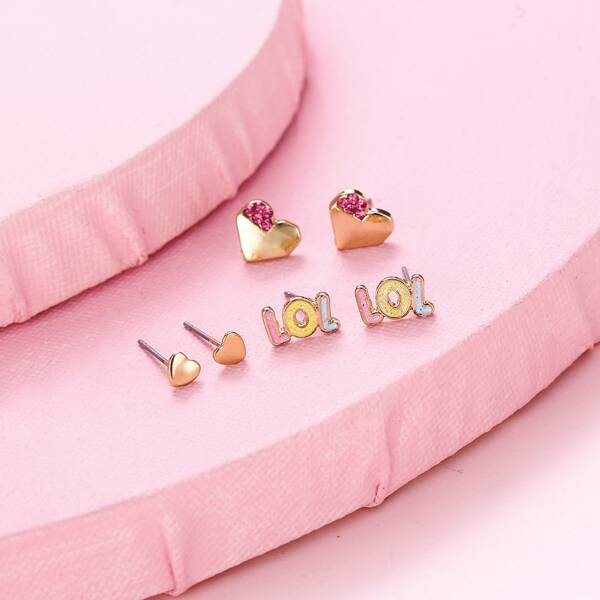 

3pairs Girls Heart Stud Earrings, Multicolor