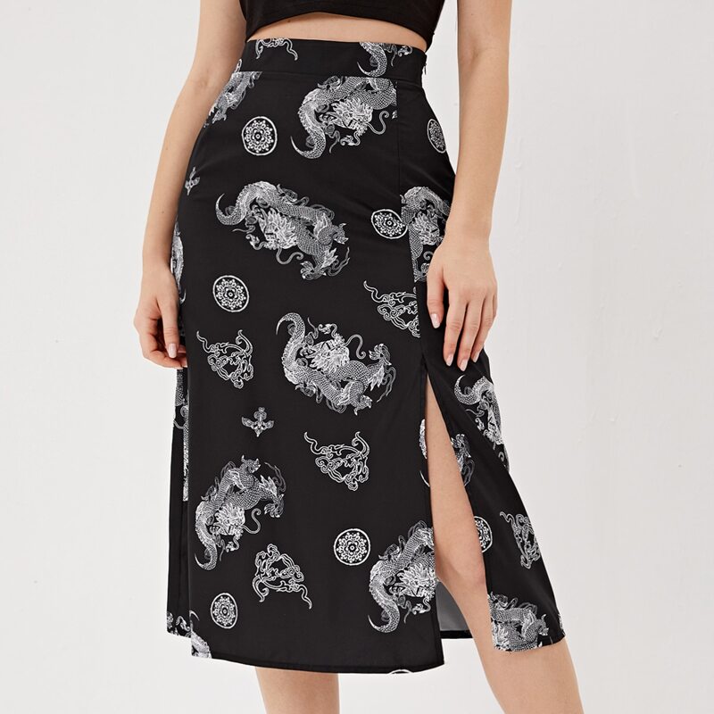 

Chinese Dragon Print Slit Hem Skirt, Black and white