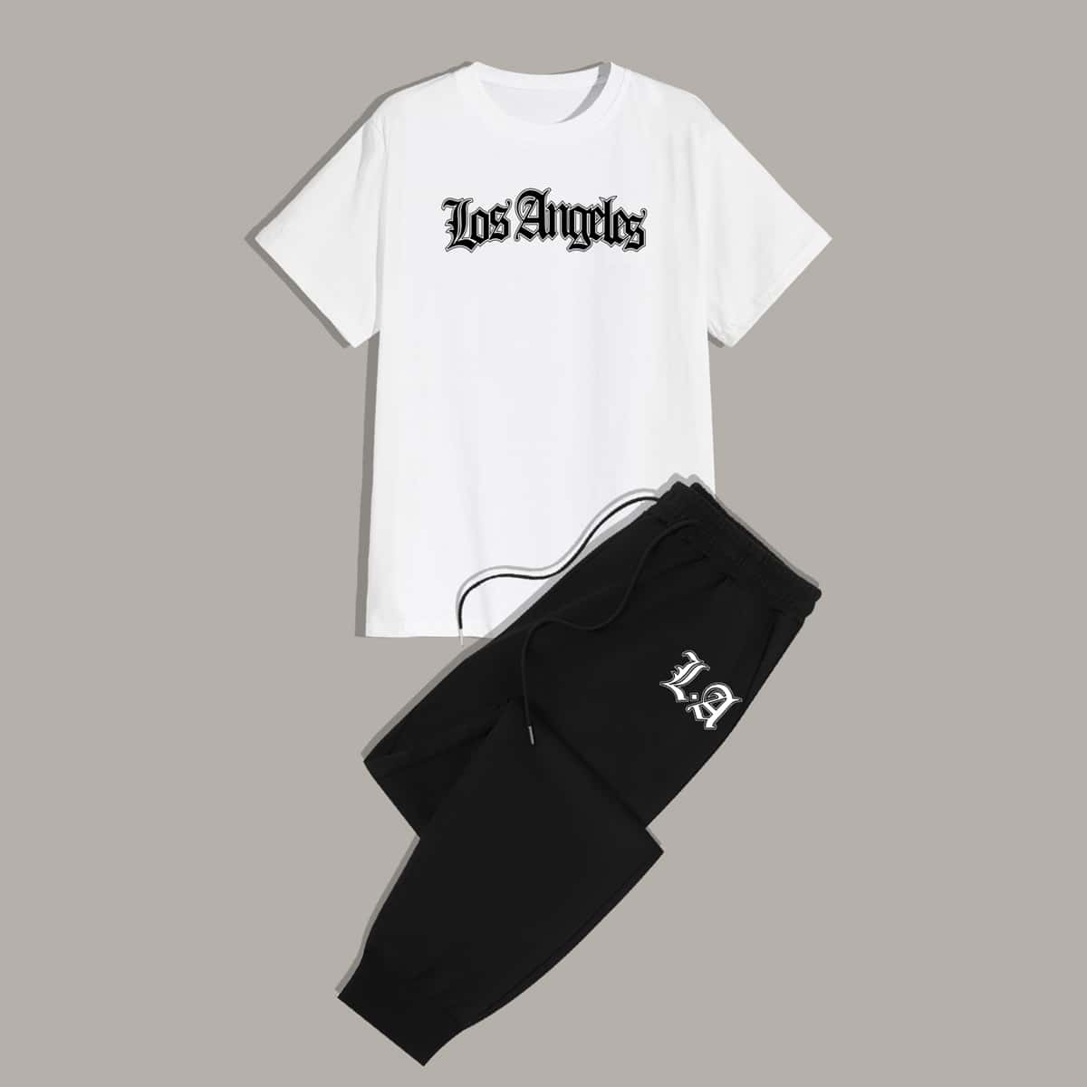 

Guys Letter Graphic Tee & Drawstring Sweatpants, Black and white