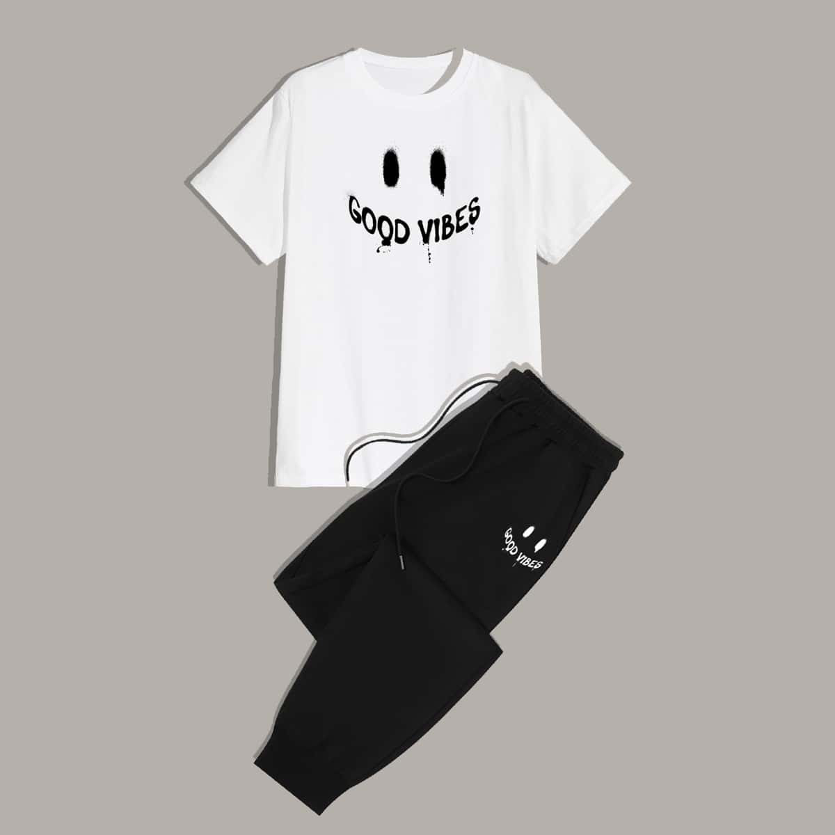 

Guys Letter Graphic Tee & Drawstring Sweatpants, Black and white