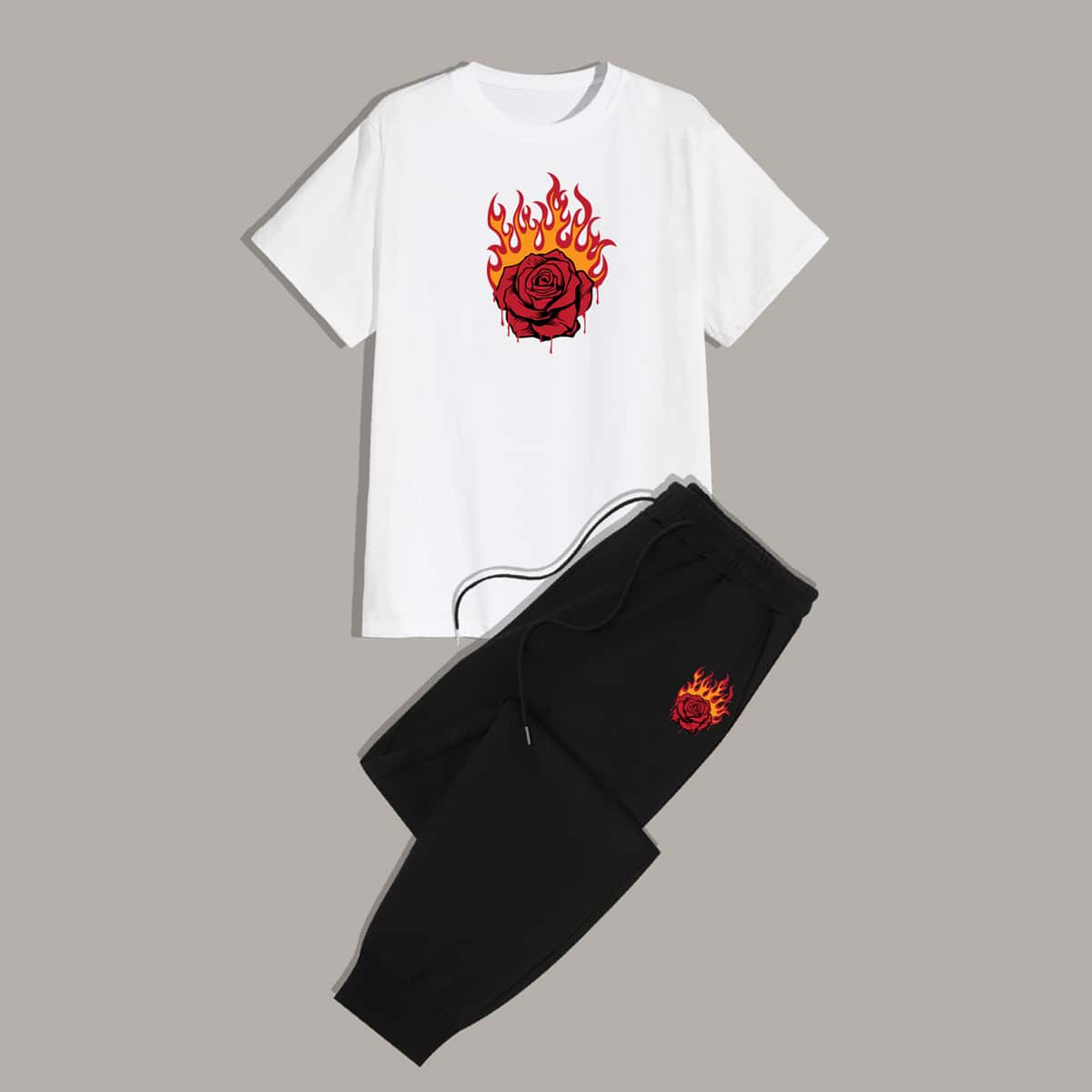 

Guys Floral And Fire Print Tee & Drawstring Sweatpants, White