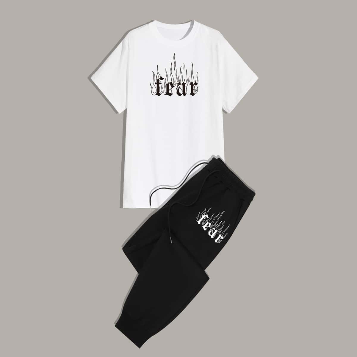 

Guys Letter And Fire Print Tee & Drawstring Sweatpants, White