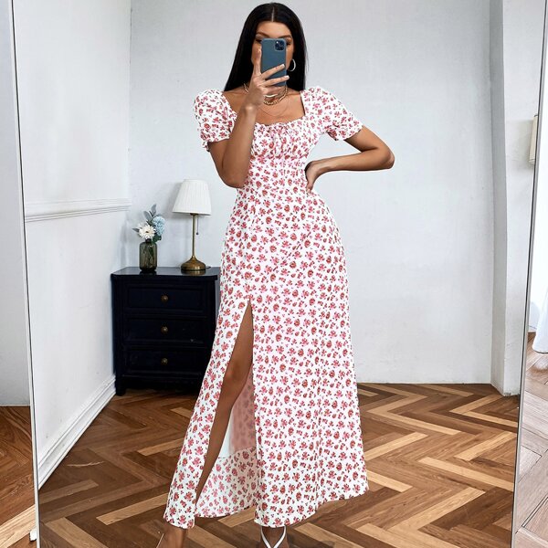 

Allover Floral Print Square Neck Split Thigh Dress, Red and white