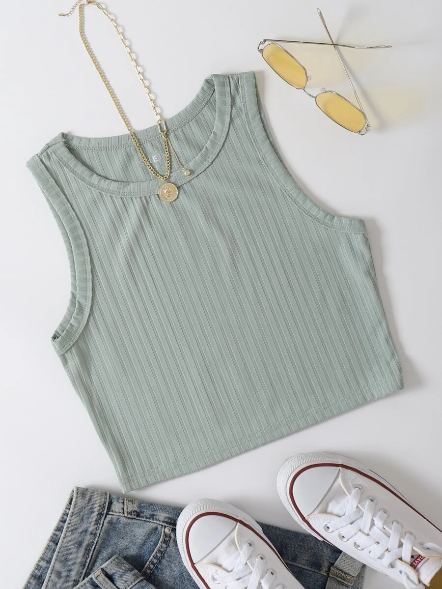 INAWLY Solid Rib Knit Tank Top - Mint Green - View 1