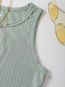 INAWLY Solid Rib Knit Tank Top - Mint Green - View 3