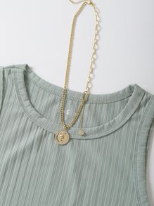 INAWLY Solid Rib Knit Tank Top - Mint Green - View 4