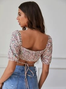SHEIN Unity Ditsy Floral Shirred Tie Back Ruched Bust Crop Top - Multicolor - View 2