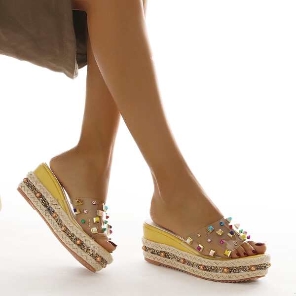 

Pearls & Studded Mule Wedges, Clear