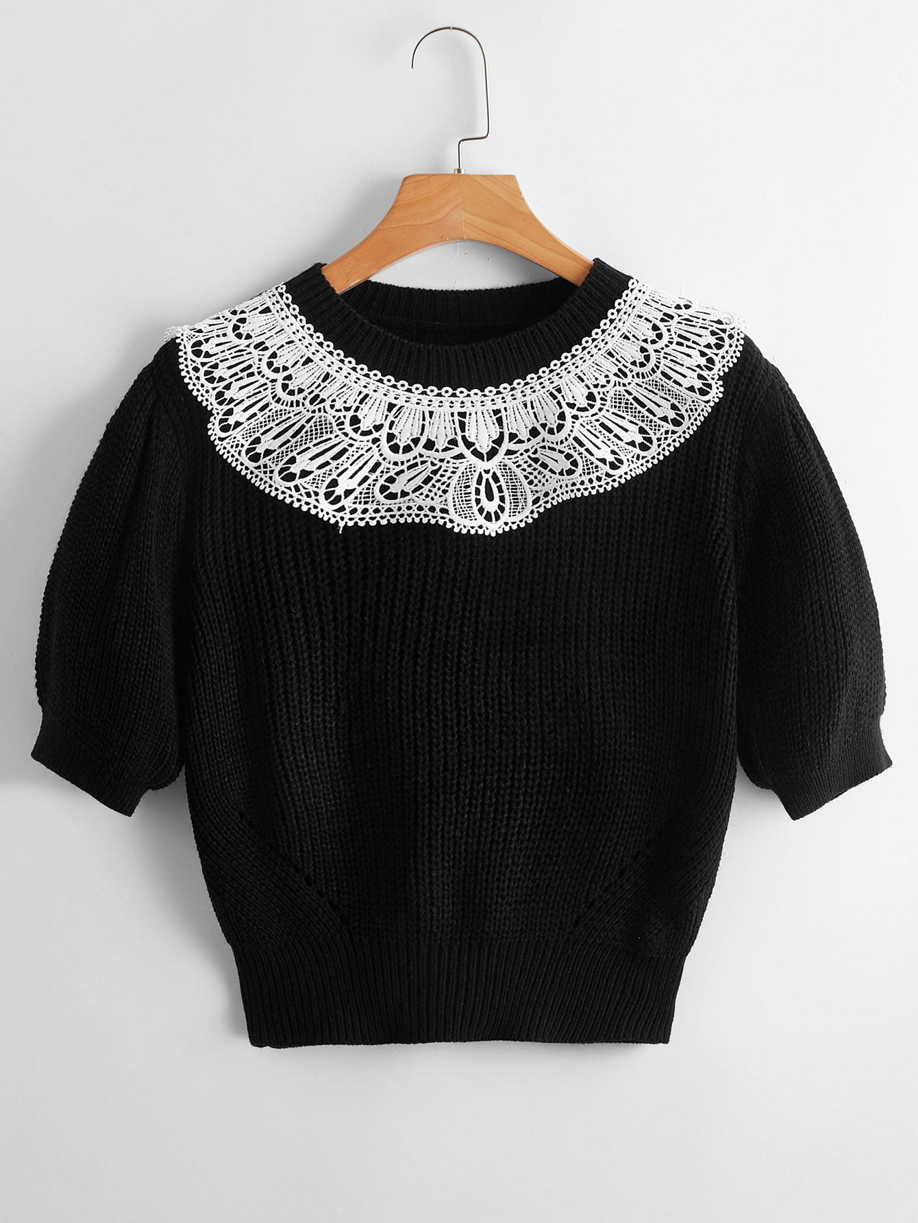 SHEIN Contrast Lace Ribbed Knit Top - Black - View 1