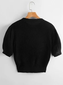 SHEIN Contrast Lace Ribbed Knit Top - Black - View 2