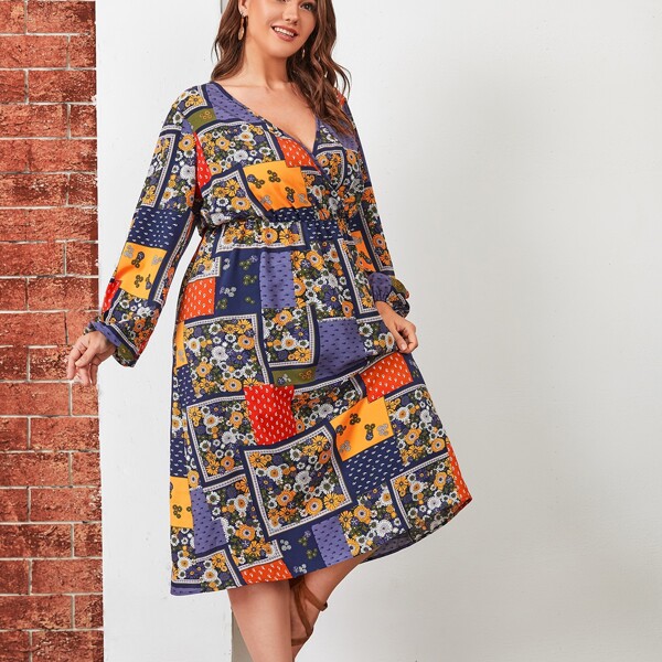 

Plus Floral And Patchwork Print Surplice Neck A-line Dress, Multicolor