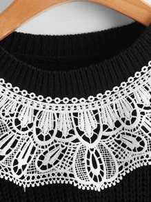 SHEIN Contrast Lace Ribbed Knit Top - Black - View 3