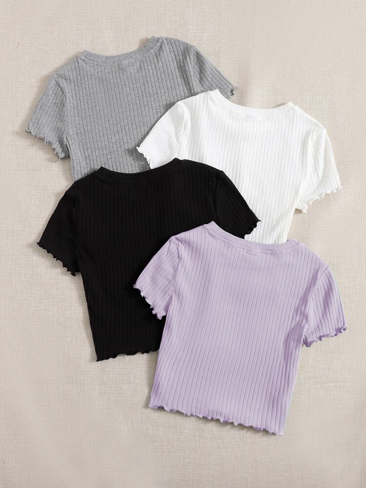 SHEIN EZwear Summer Outfits 4pcs Lettuce Trim Rib Knit Tee - Multicolor - View 2