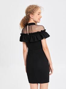 SHEIN Đầm Gái Tương phản Mesh Cắt ra viền lá sen Xù màu trơn Ăn mặc đẹp - màu đen - Xem 2