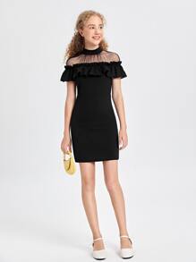 SHEIN Đầm Gái Tương phản Mesh Cắt ra viền lá sen Xù màu trơn Ăn mặc đẹp - màu đen - Xem 4