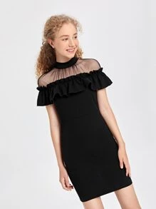 SHEIN Đầm Gái Tương phản Mesh Cắt ra viền lá sen Xù màu trơn Ăn mặc đẹp - màu đen - Xem 5