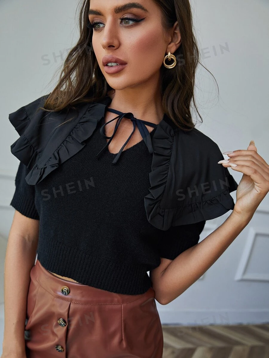 SHEIN Unity Top mit Band vorne, Rüschen, Rippenstrick - Schwarz - Übersicht 1