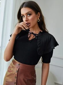 SHEIN Unity Top con cordón delantero fruncido tejido de canalé - Negro - Ver 4
