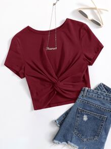 SHEIN Plus Twist Detail Solid Tee - Burgundy - View 1