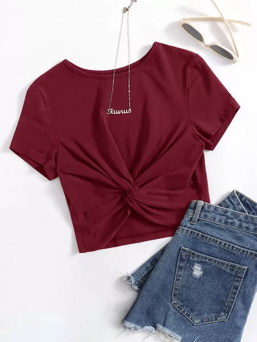SHEIN Plus Twist Detail Solid Tee - Burgundy - View 1