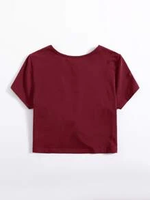 SHEIN Plus Twist Detail Solid Tee - Burgundy - View 2