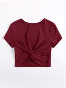 SHEIN Plus Twist Detail Solid Tee - Burgundy - View 3