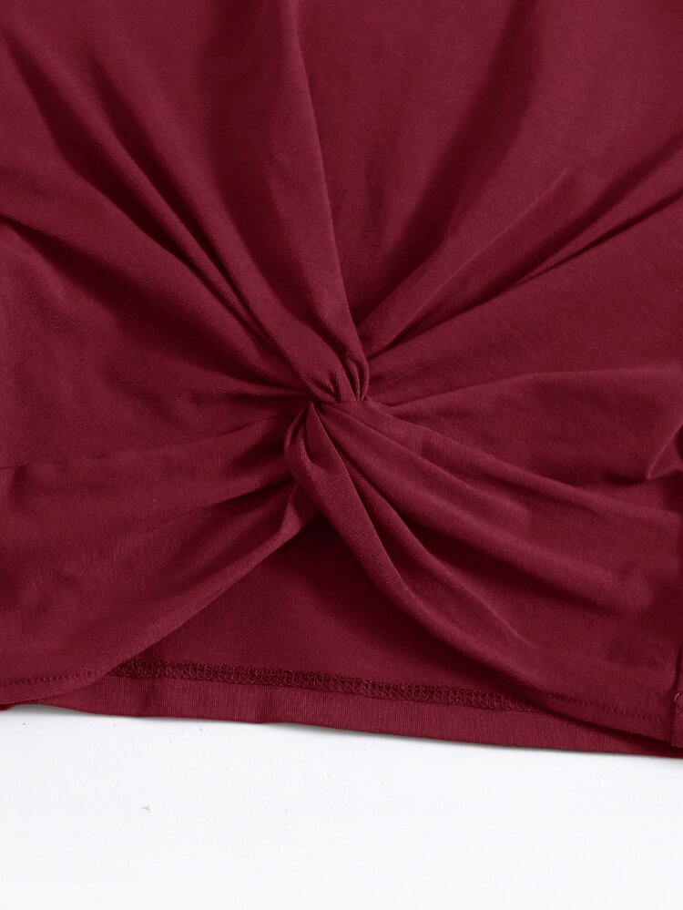 SHEIN Plus Twist Detail Solid Tee - Burgundy - View 4
