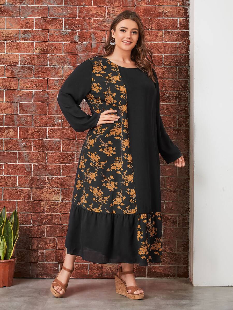 Plus Floral Print Ruffle Hem Smock Dress - Multicolor - View 1