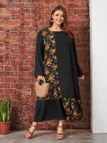 Plus Floral Print Ruffle Hem Smock Dress - Multicolor - View 4