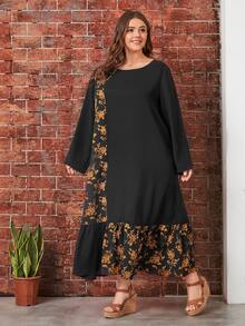 Plus Floral Print Ruffle Hem Smock Dress - Multicolor - View 5