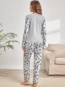 Maternity Leopard Top & Adjustable Elastic Waist Pants Lounge Set - Multicolor - View 2