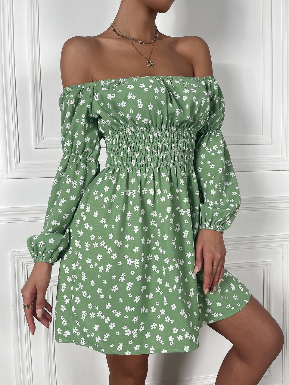 Ditsy Floral Off Shoulder Shirred Waist Dress