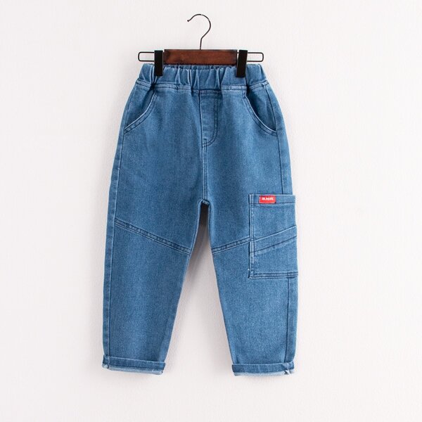 

Toddler Boys Patched Pocket Elastic Waist Jeans, Medium wash