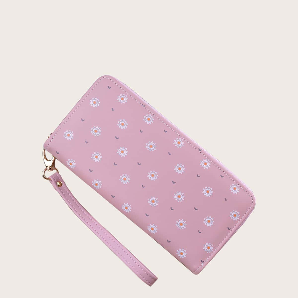 

Allover Floral Graphic Purse With Wristlet, Pink