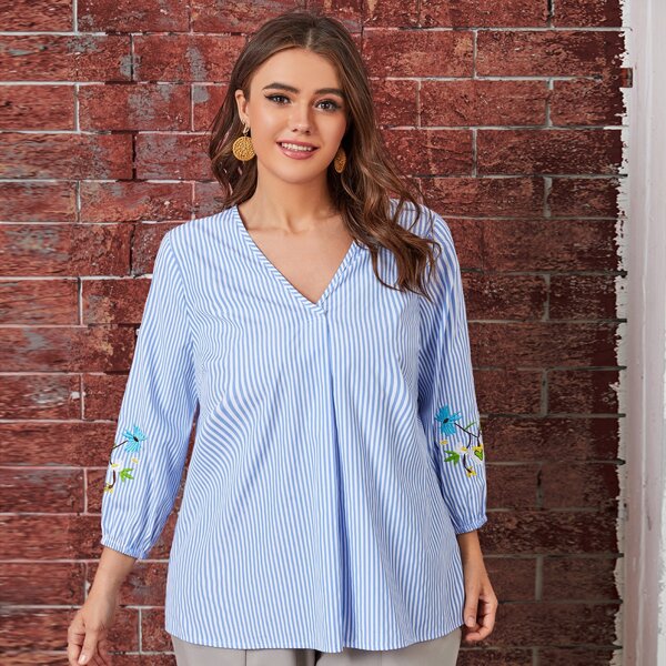 

Plus Floral Embroidery V-neck Striped Blouse, Blue and white