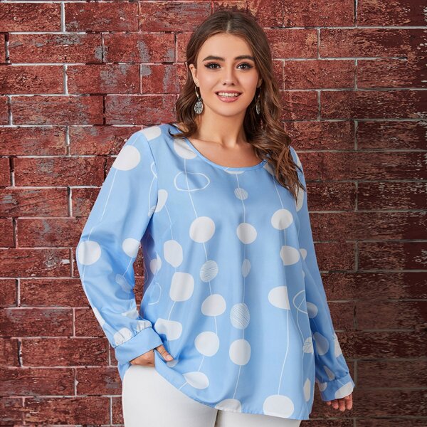

Plus Polka Dot Scoop Neck Blouse, Blue