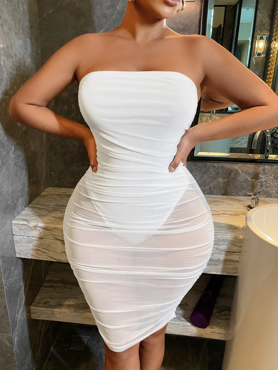 SHEIN SXY Solid Bandeau Bodycon Dress - White - View 1