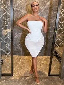 SHEIN SXY Solid Bandeau Bodycon Dress - White - View 3